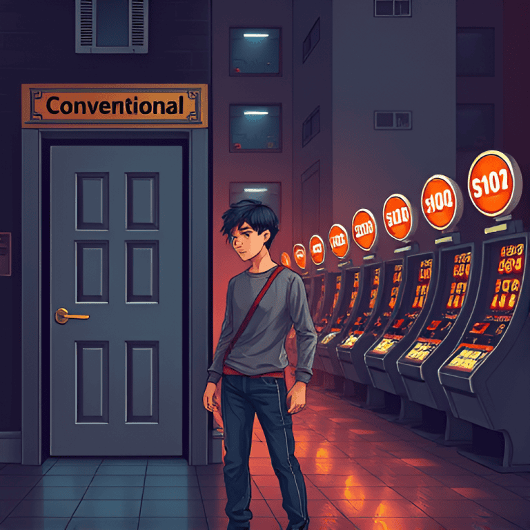 A_young_player_weighing_two_doorways_one_labeled_Conventional_and_one_labeled_Alternative_Bandar_Col_719733621