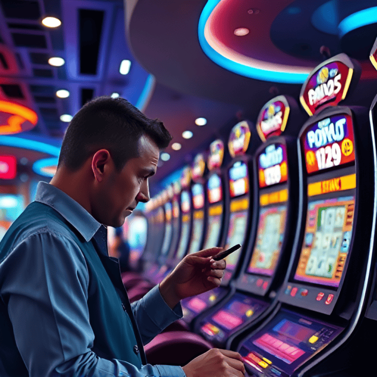 A_modern_casino_interior_showing_a_player_marking_lottery_numbers_while_slot_machines_shine_behind_h_404677209